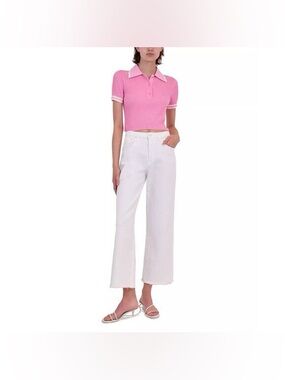 Cropped Pink Polo Knit Top with Contrast Trim